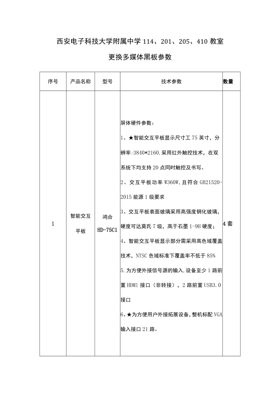 西安电子科技大学附属中学12020410教室更换多媒体黑板参数.docx_第1页