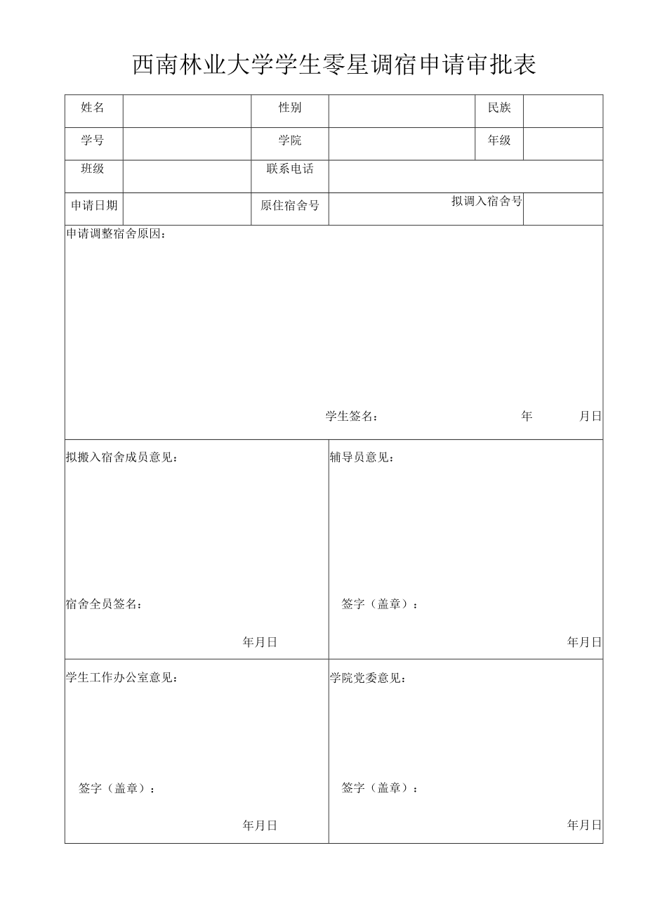 西南林业大学学生零星调宿申请审批表.docx_第1页