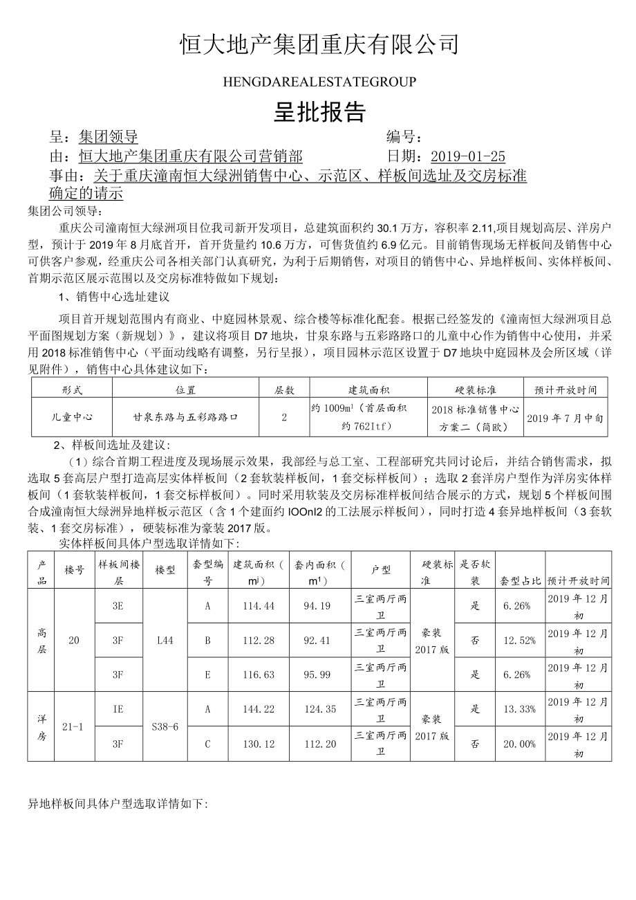 20190121_关于重庆潼南恒大绿洲售房部、样板房选址及交房标准确定的请示20190125修改版（加实体选址版本可签字）.docx_第1页