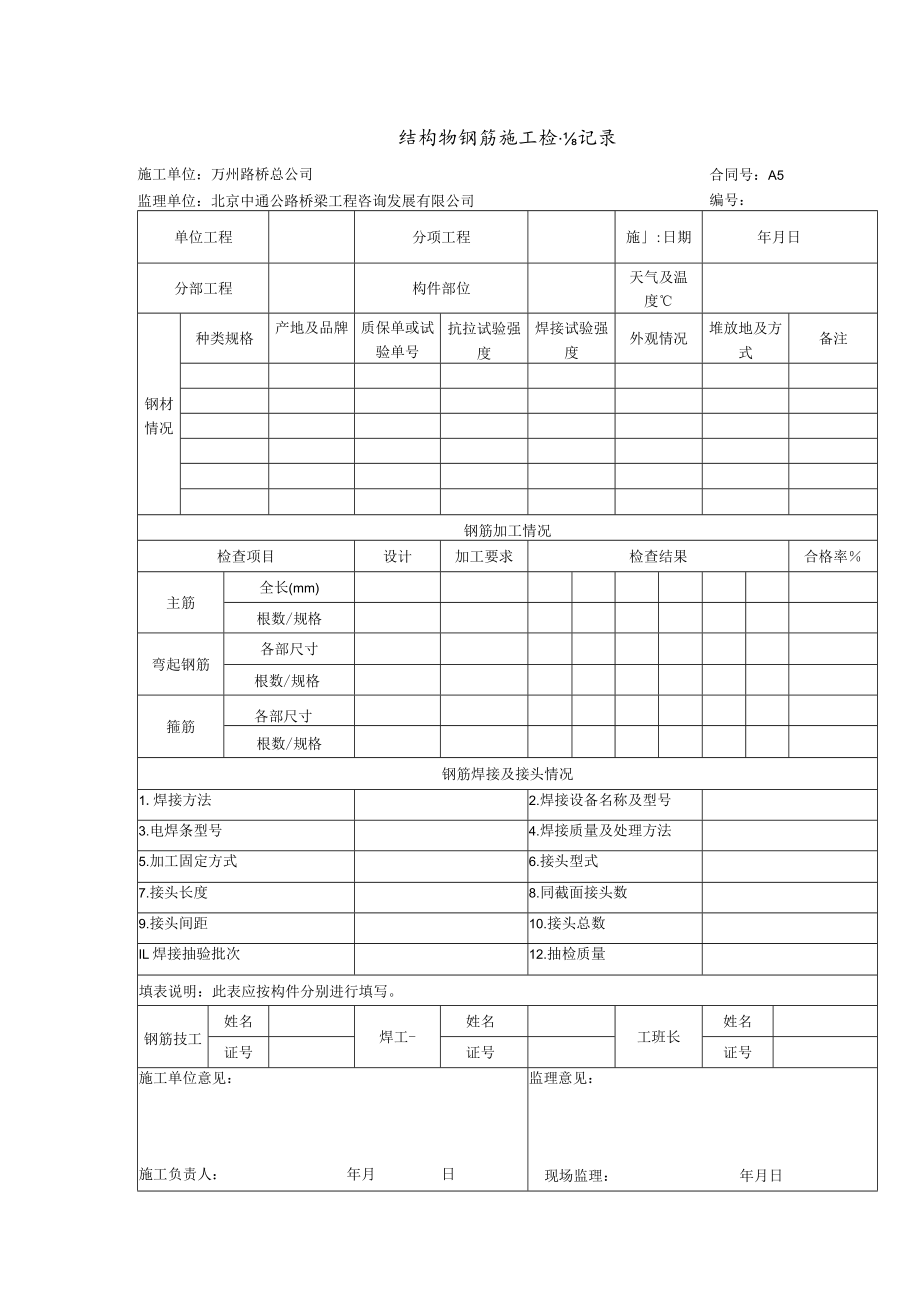 结构物钢筋施工检查记录.docx_第1页