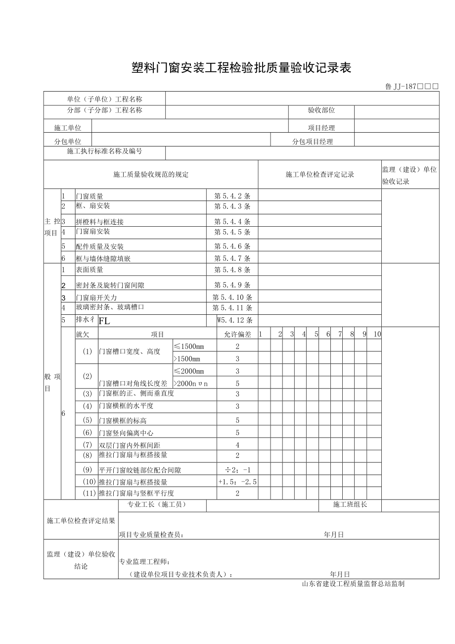 鲁JJ—187 塑料门窗安装工程检验批质量验收记录表.docx_第1页