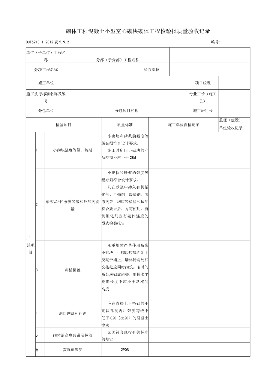 表5.9.2 混凝土小型空心砖砌体工程 检验批质量验收记录.docx_第1页