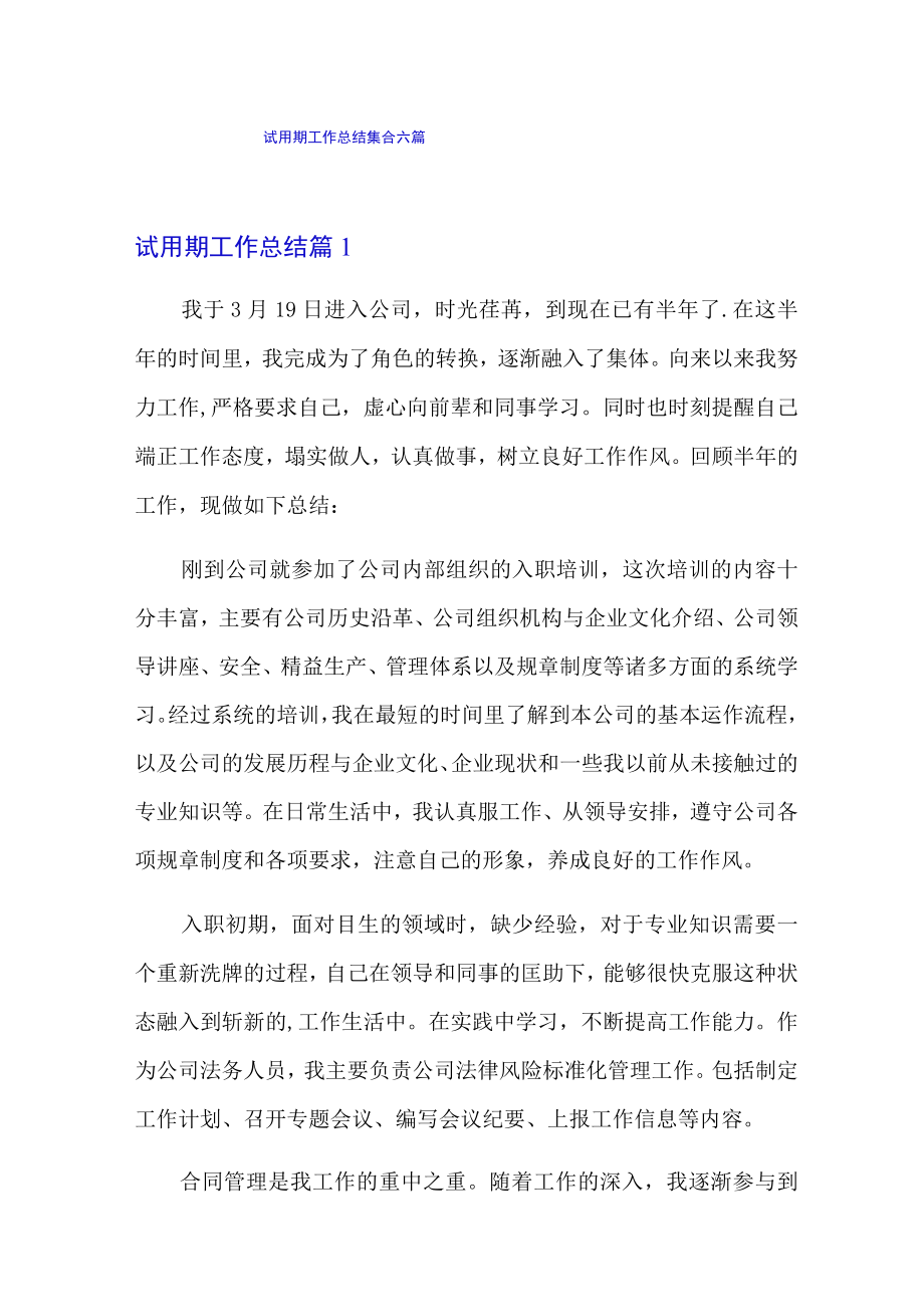 试用期工作总结集合六篇.docx_第1页