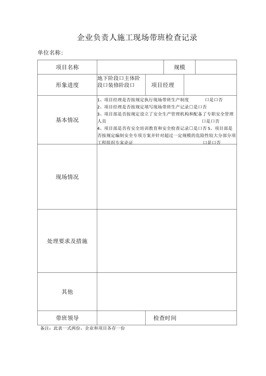 企业负责人施工现场带班检查记录模板.docx_第1页