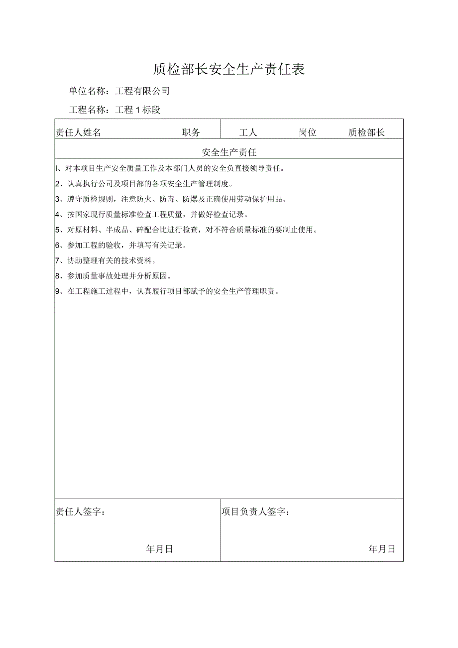 质检部长安全生产责任表.docx_第1页