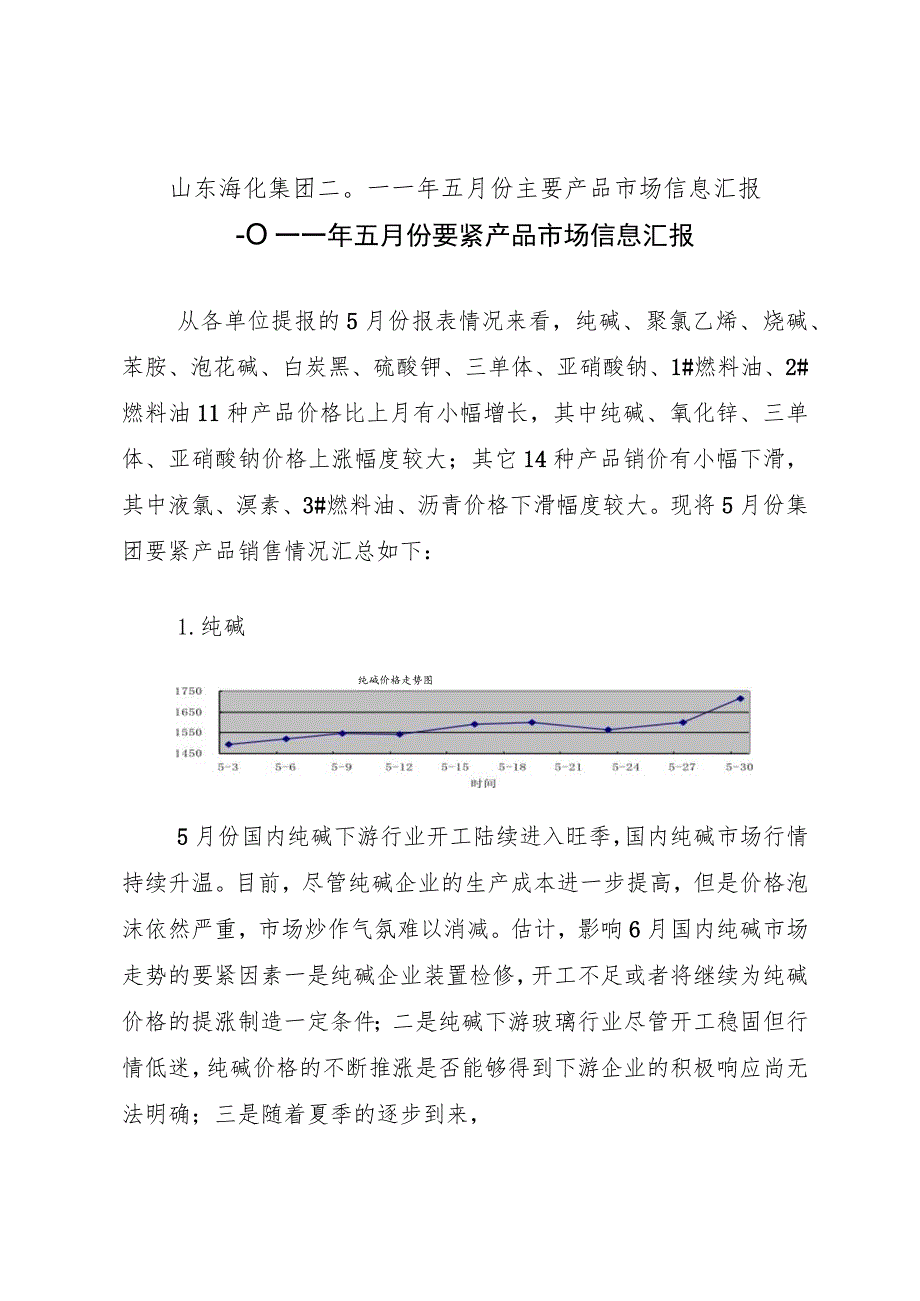 山东海化集团二〇一一年五月份主要产品市场信息汇报.docx_第1页