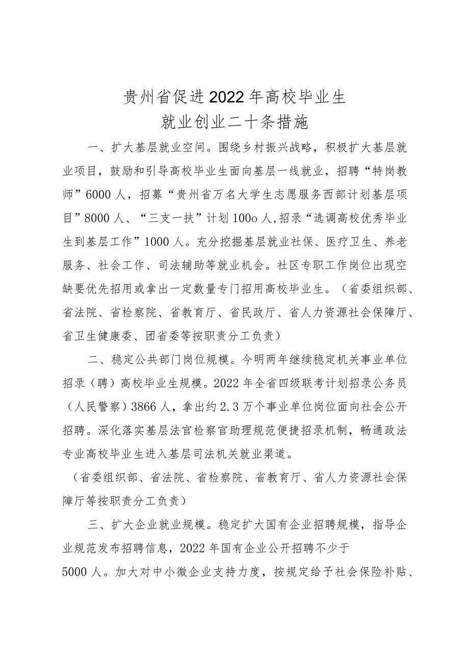 贵州省促进2022年高校毕业生就业创业二十条措施.docx_第1页