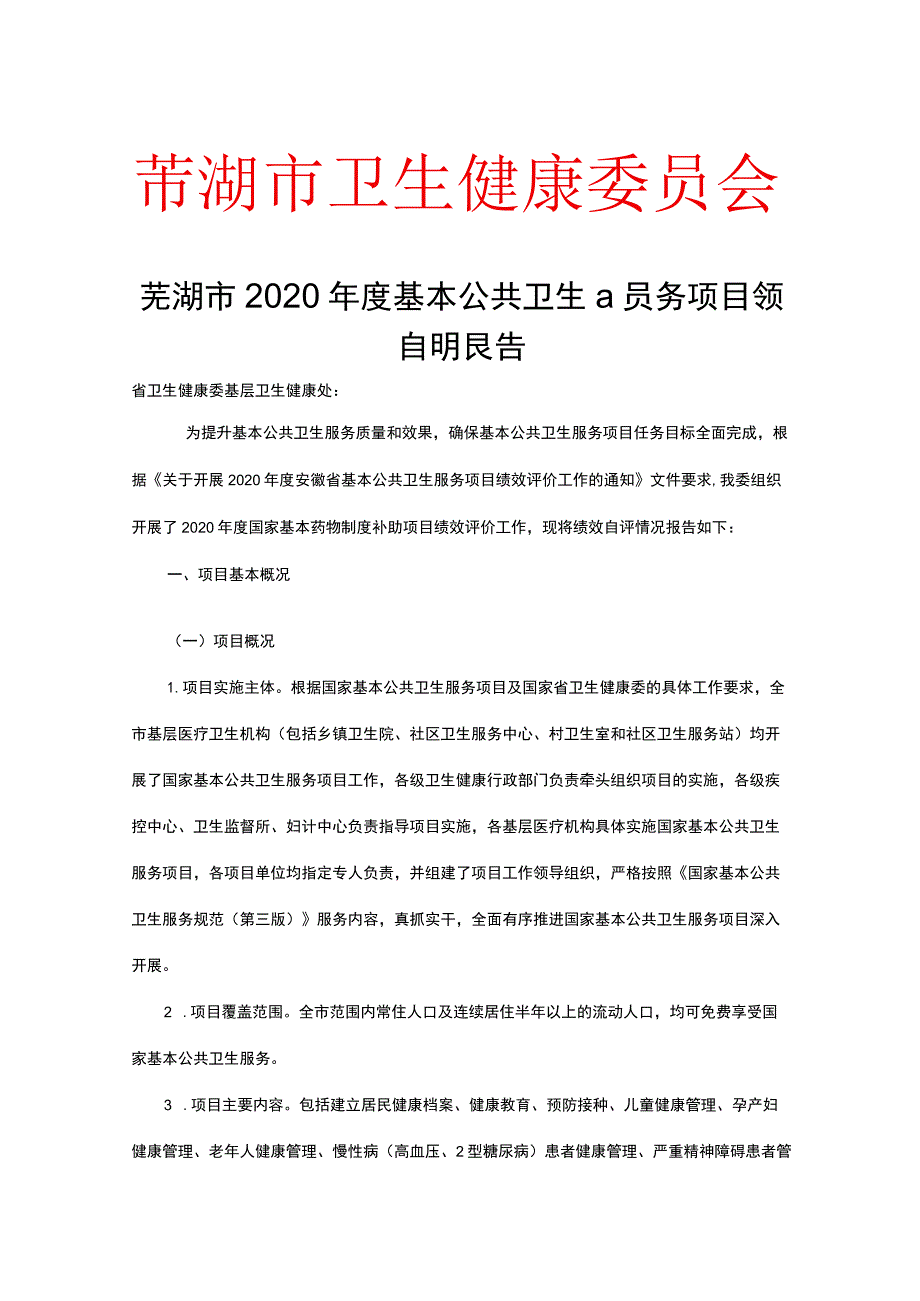 芜湖市2020年度基本公共卫生服务项目绩效自评报告【模板】.docx_第1页