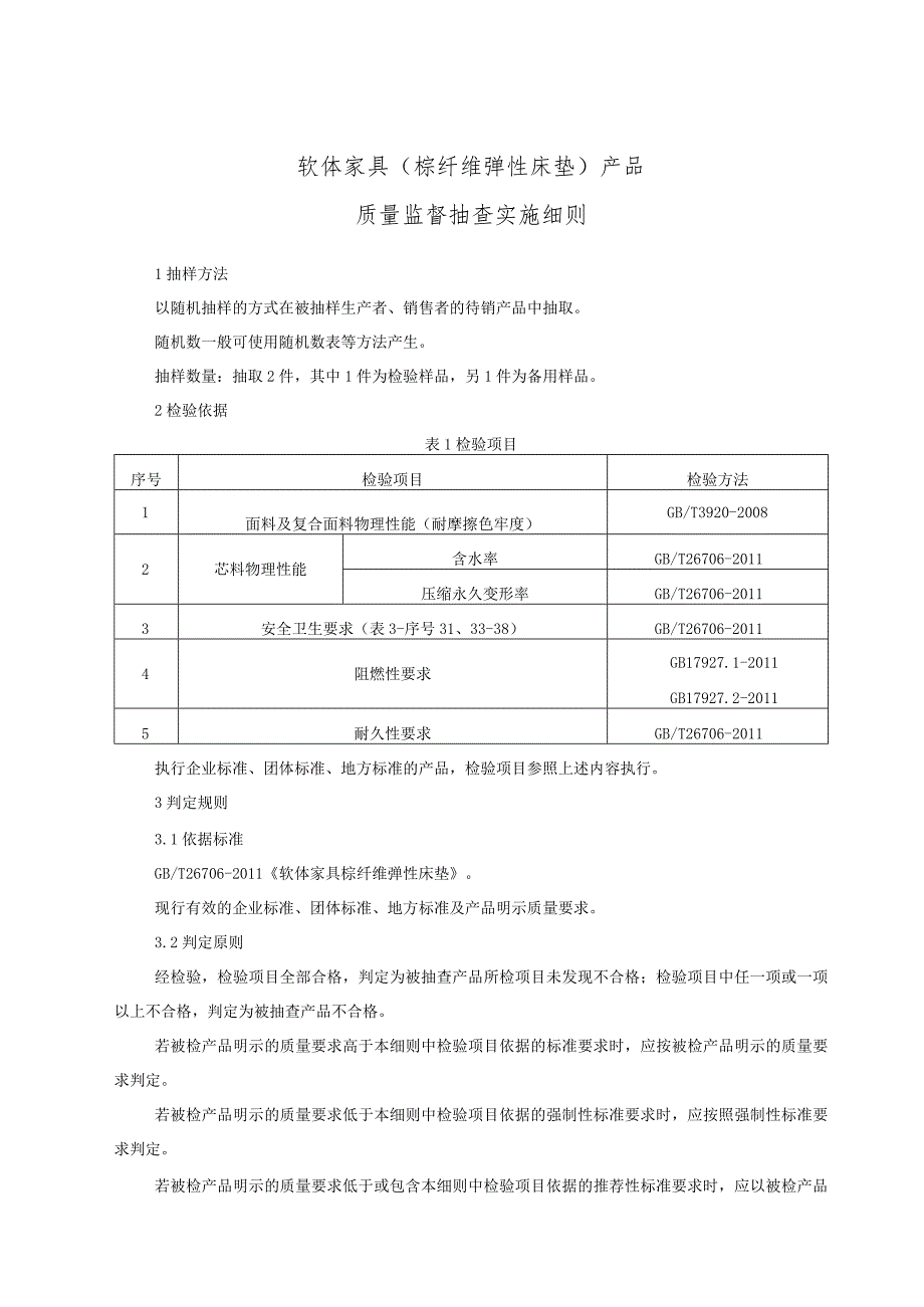 软体家具（棕纤维弹性床垫）产品质量监督抽查实施细则.docx_第1页