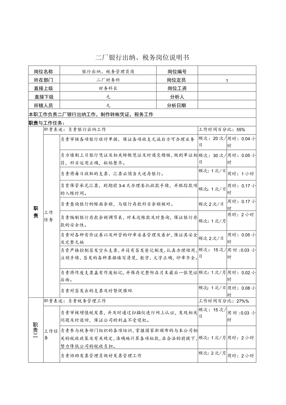 财务管理资料2023年整理-二厂银行出纳税务岗位说明书.docx_第1页