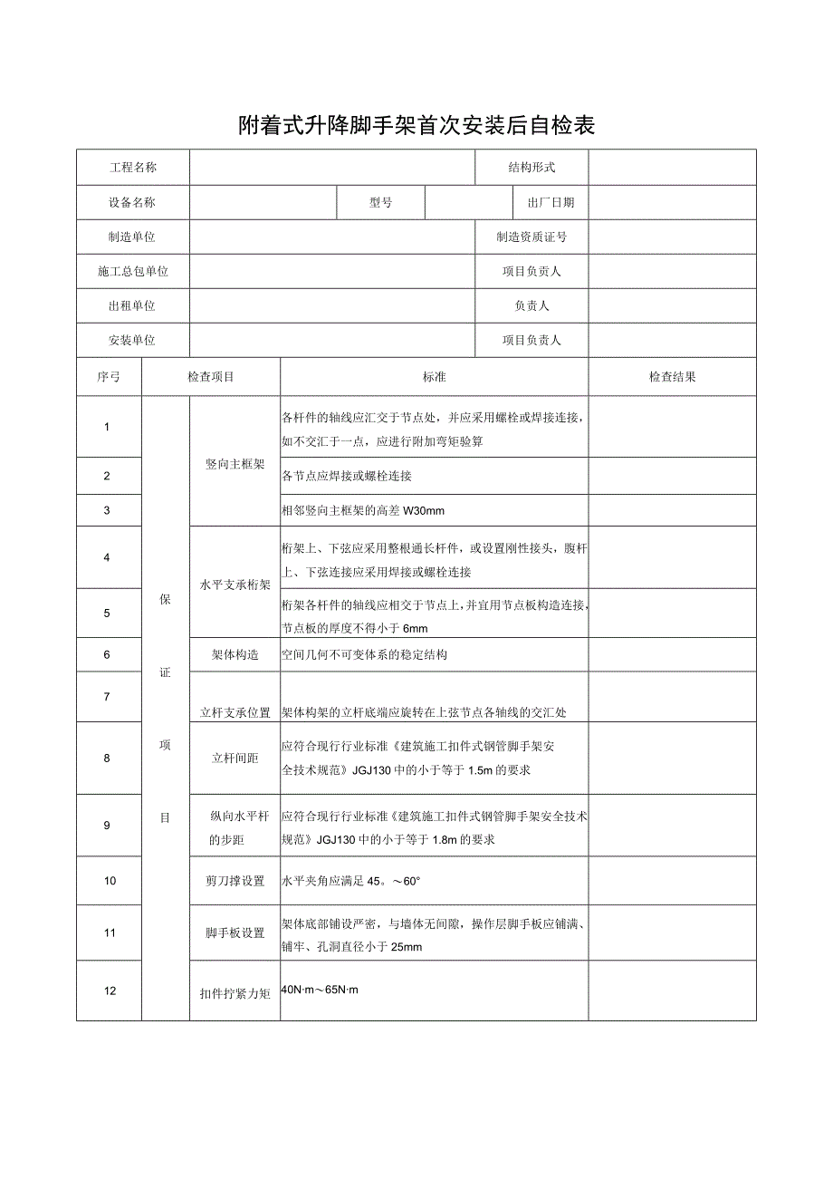 附着式升降脚手架首次安装后自检表.docx_第1页