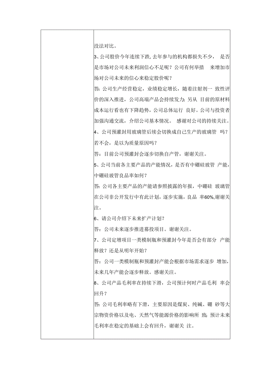 山东省药用玻璃股份有限公司2022年度暨2023年第一季度业绩说明会投资者关系活动记录表.docx_第2页