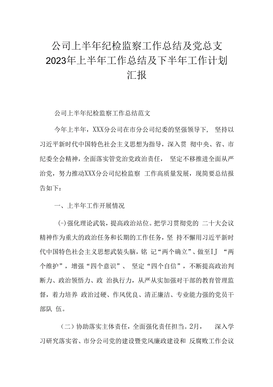 公司上半年纪检监察工作总结及党总支2023年上半年工作总结及下半年工作计划汇报.docx_第1页