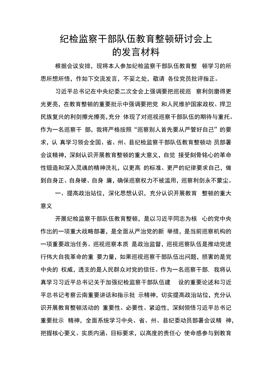 纪检监察干部队伍教育整顿研讨会上的发言.docx_第1页