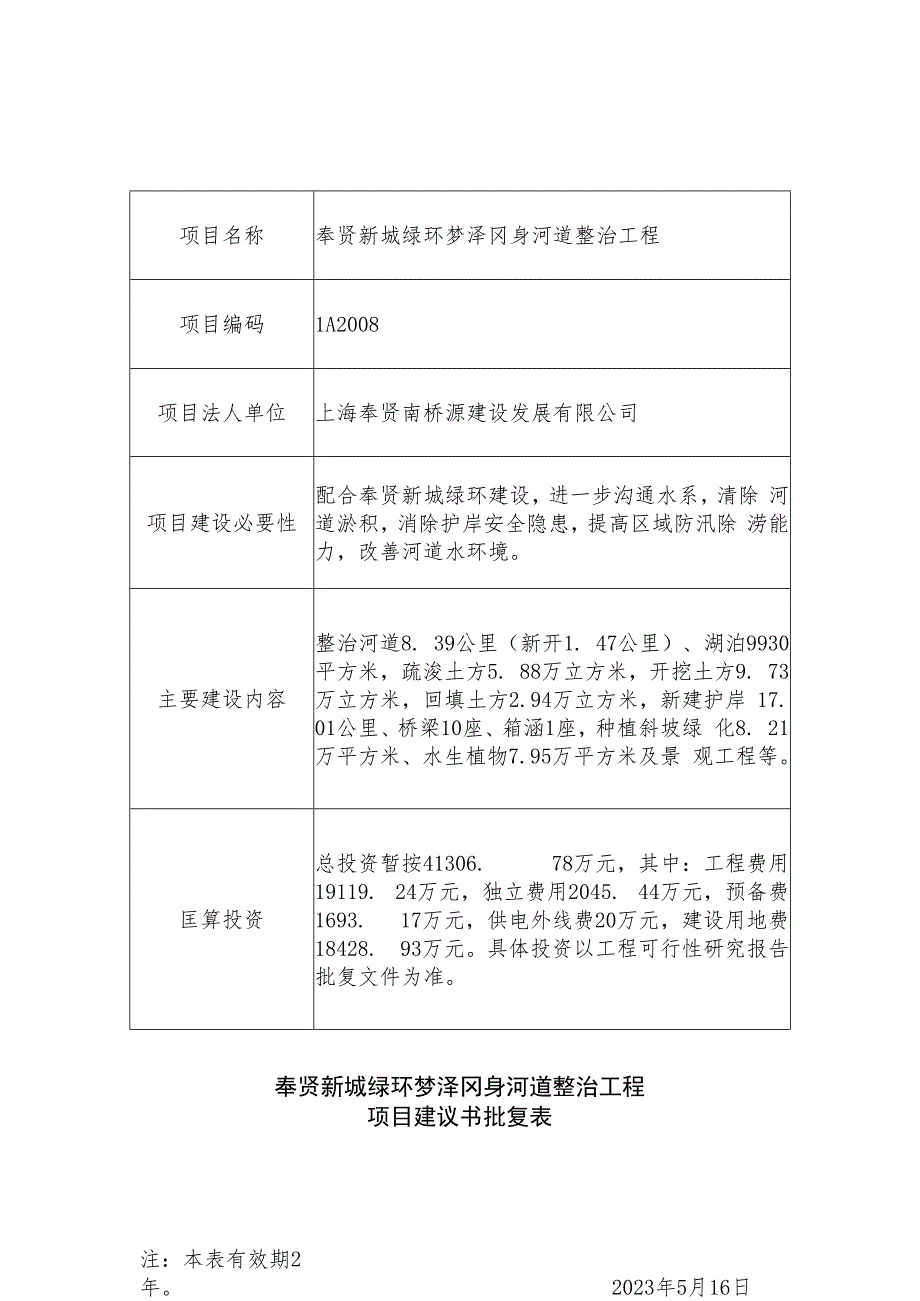 奉贤新城绿环梦泽冈身河道整治工程项目建议书批复表.docx_第1页