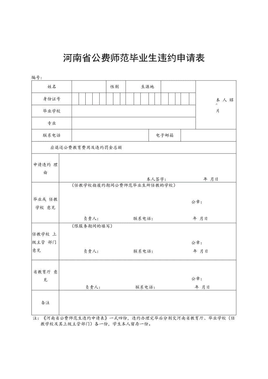 河南省公费师范毕业生违约申请表.docx_第1页