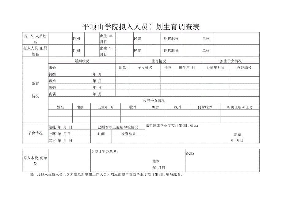 平顶山学院拟入人员计划生育调查表.docx_第1页