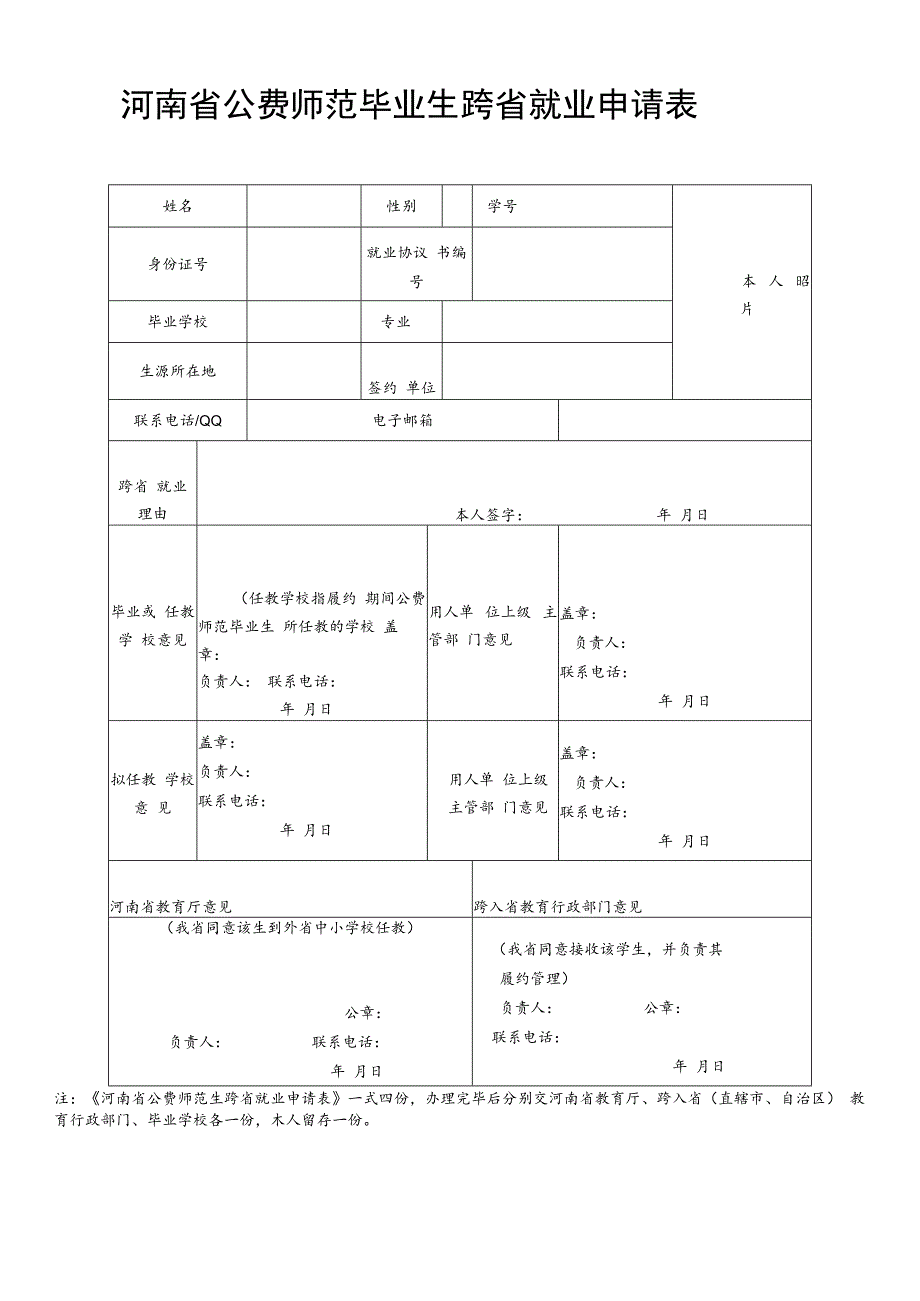 河南省公费师范毕业生跨省就业申请表（往届）.docx_第1页