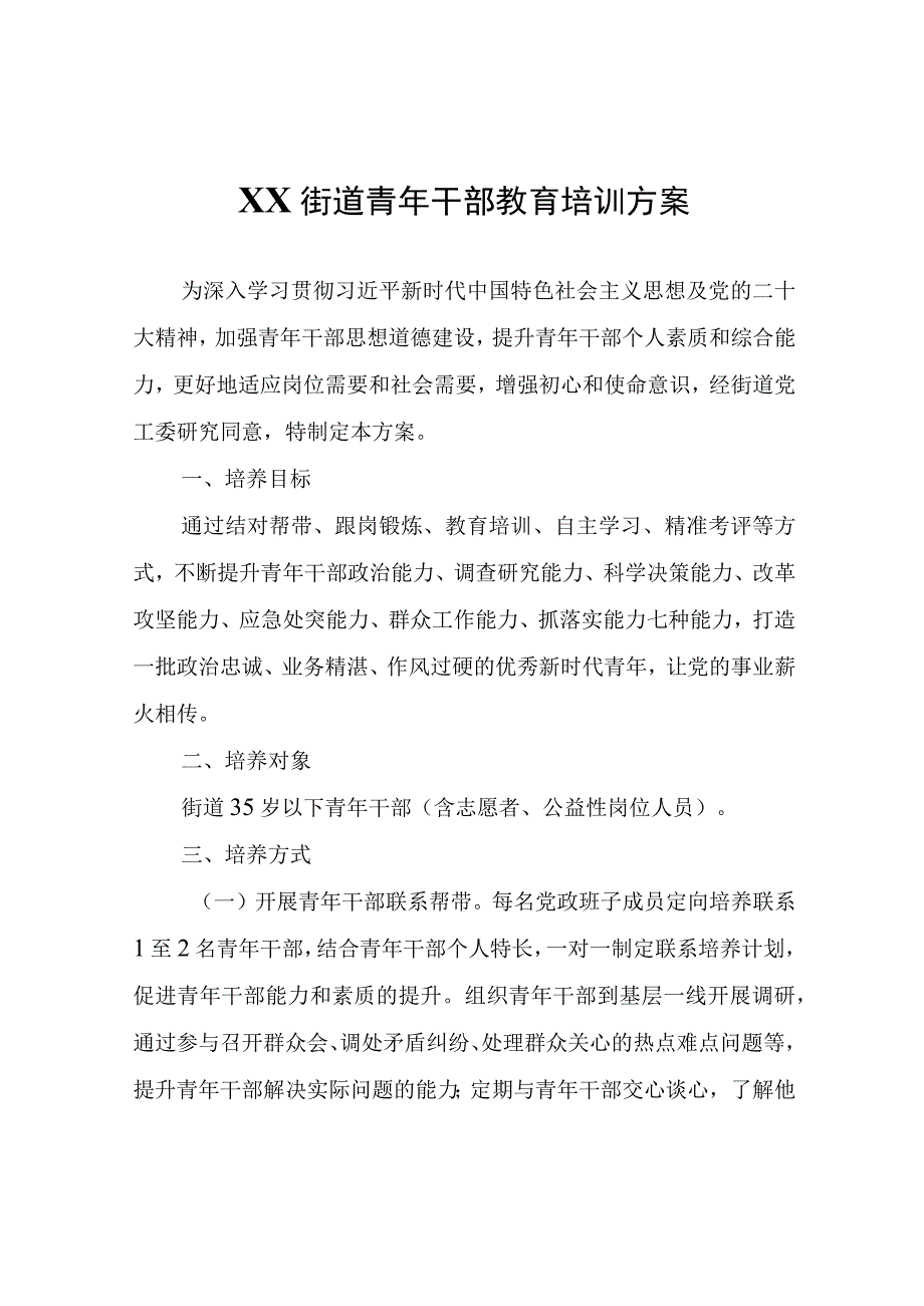 XX街道青年干部教育培训方案.docx_第1页