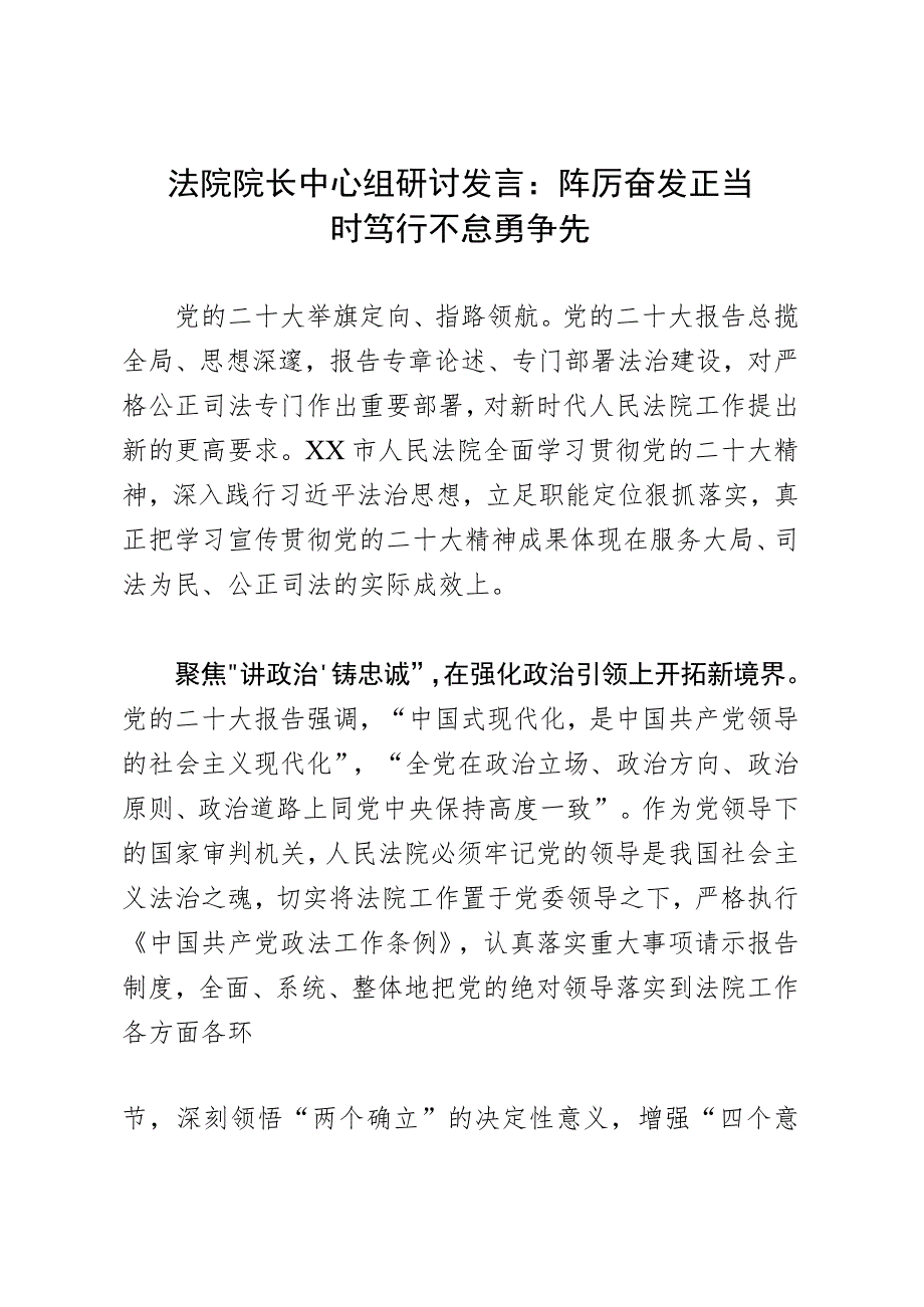 法院院长中心组研讨发言：踔厉奋发正当时 笃行不怠勇争先.docx_第1页