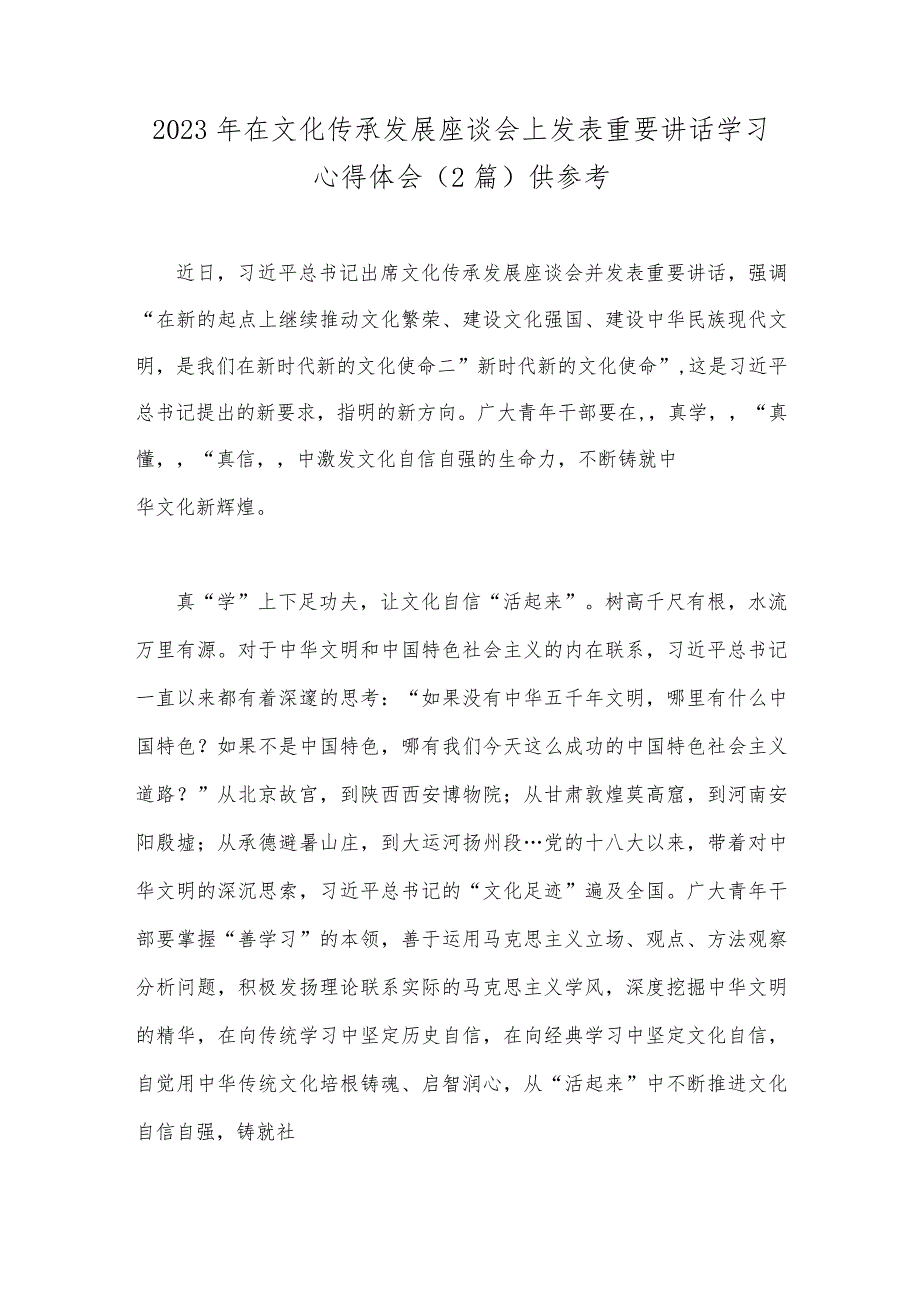 2023年在文化传承发展座谈会上发表重要讲话学习心得体会（2篇）供参考.docx_第1页