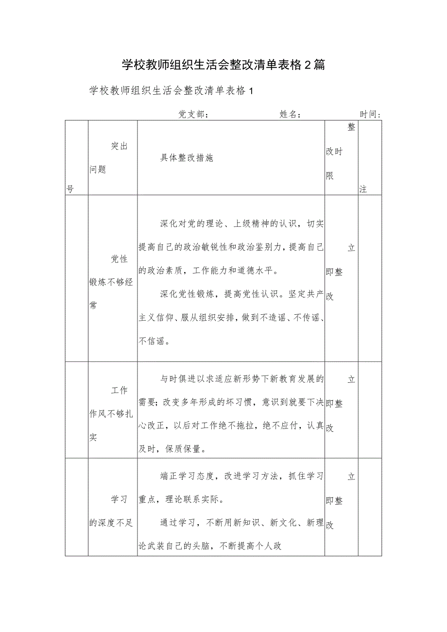 组织生活会整改清单表格2篇.docx_第1页