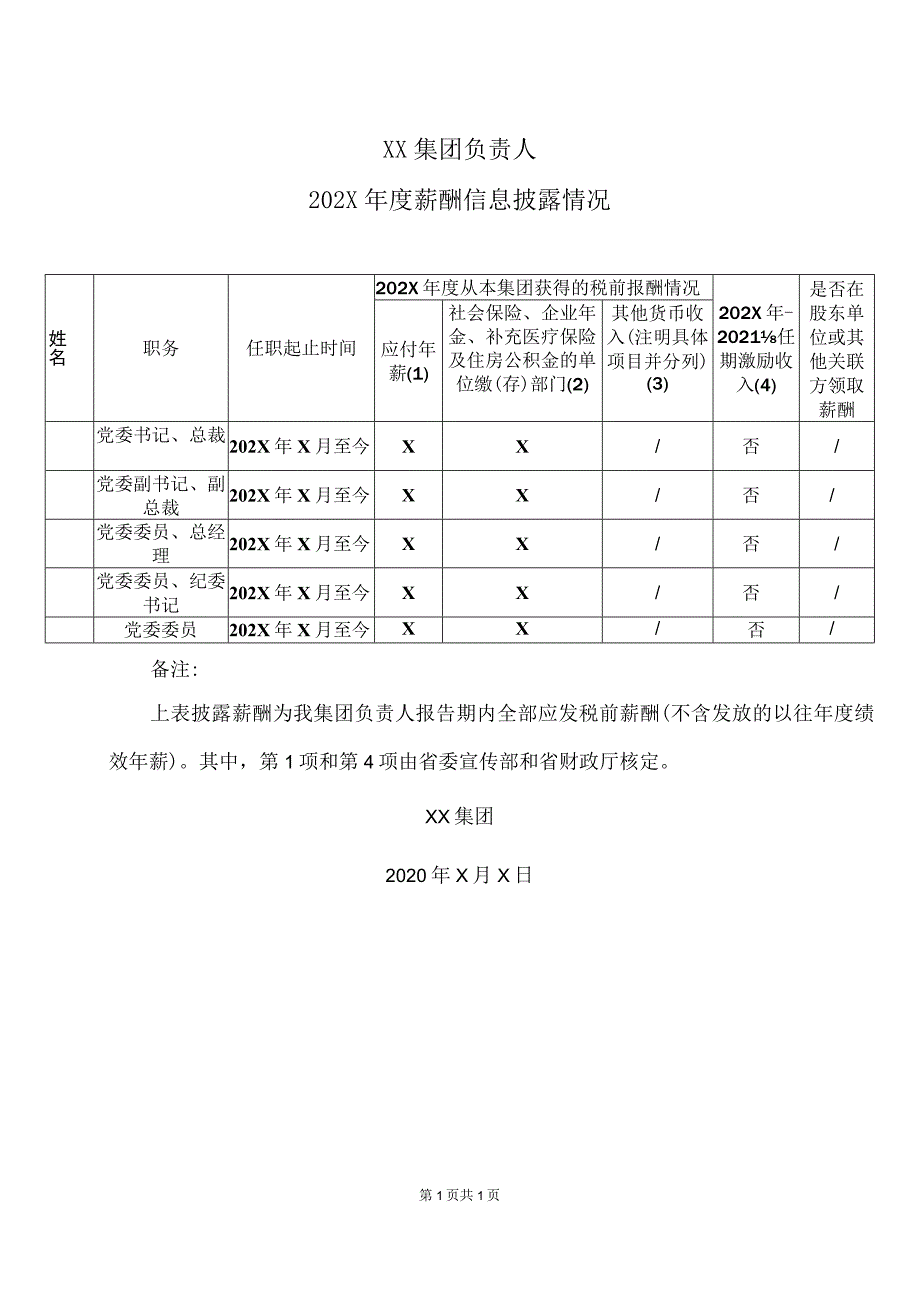 XX集团负责人202X年度薪酬信息披露情况.docx_第1页