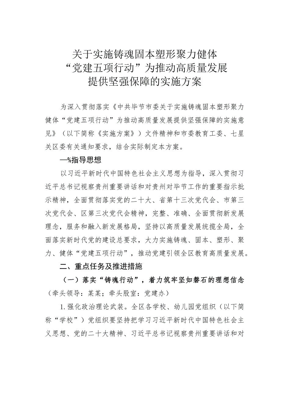 关于实施铸魂固本塑形聚力健体“党建五项行动”为推动高质量发展提供坚强保障的实施方案.docx_第1页