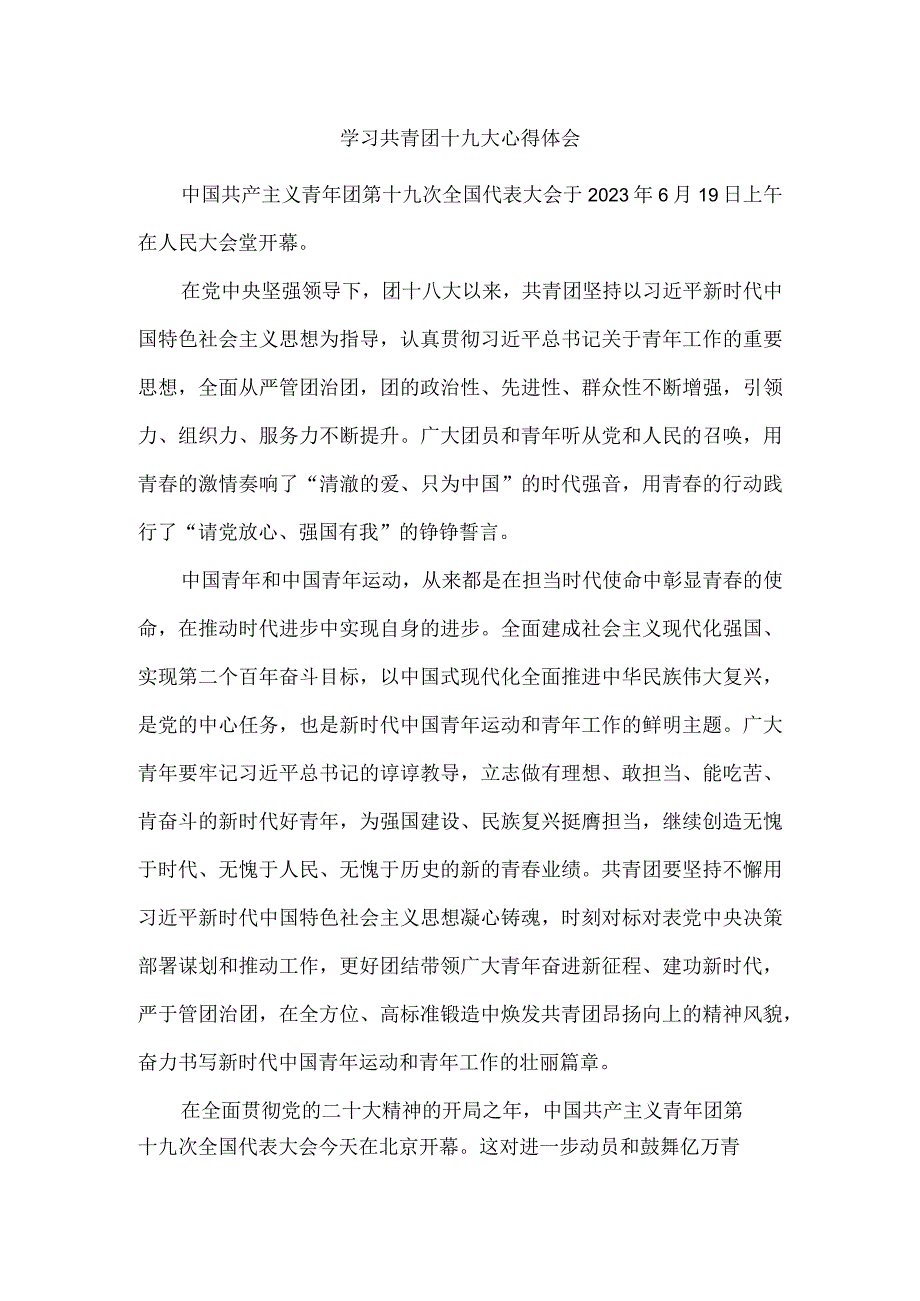 学习共青团第十九次全国代表大会心得体会.docx_第1页