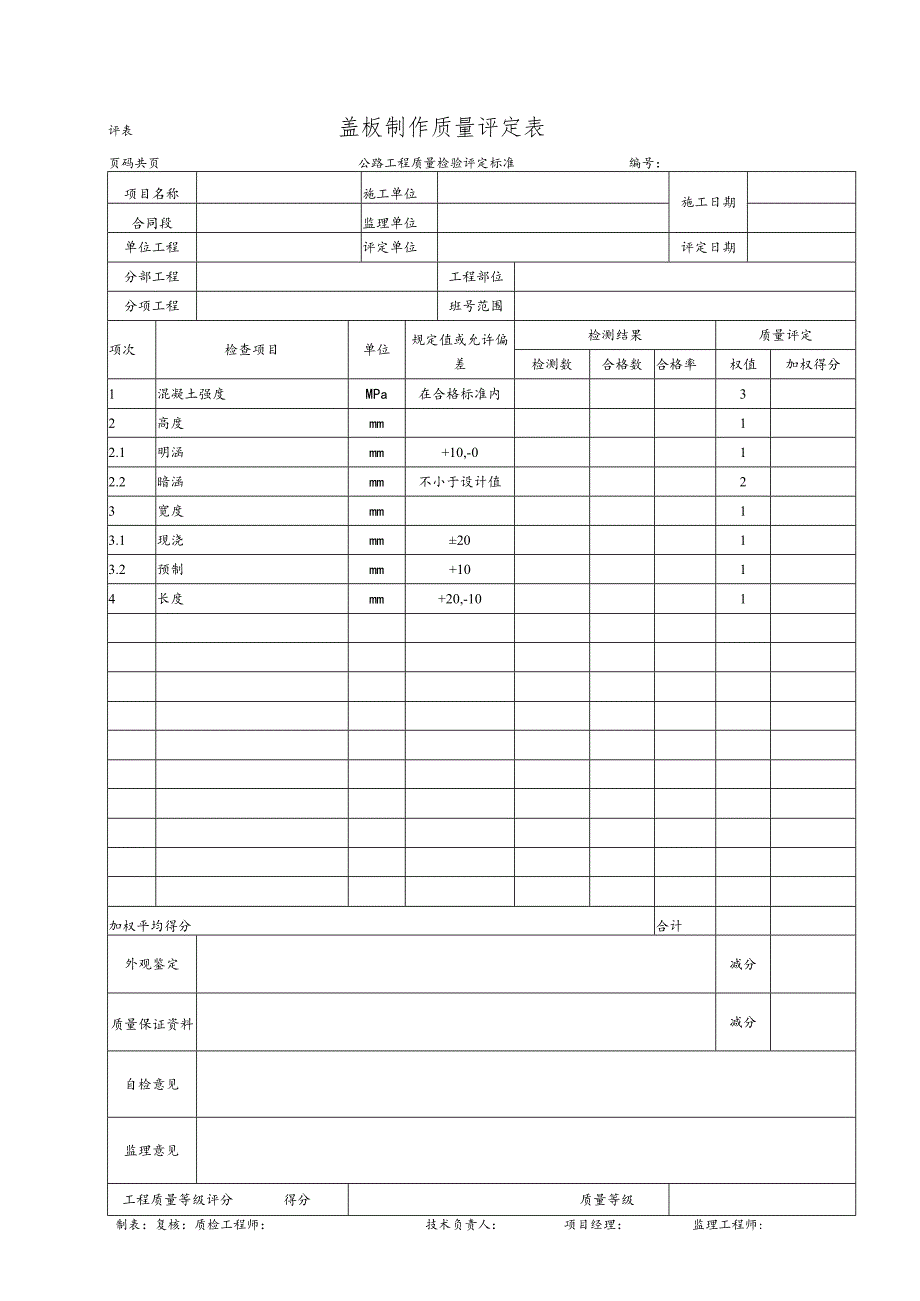 盖板涵制作质量评定表.docx_第1页