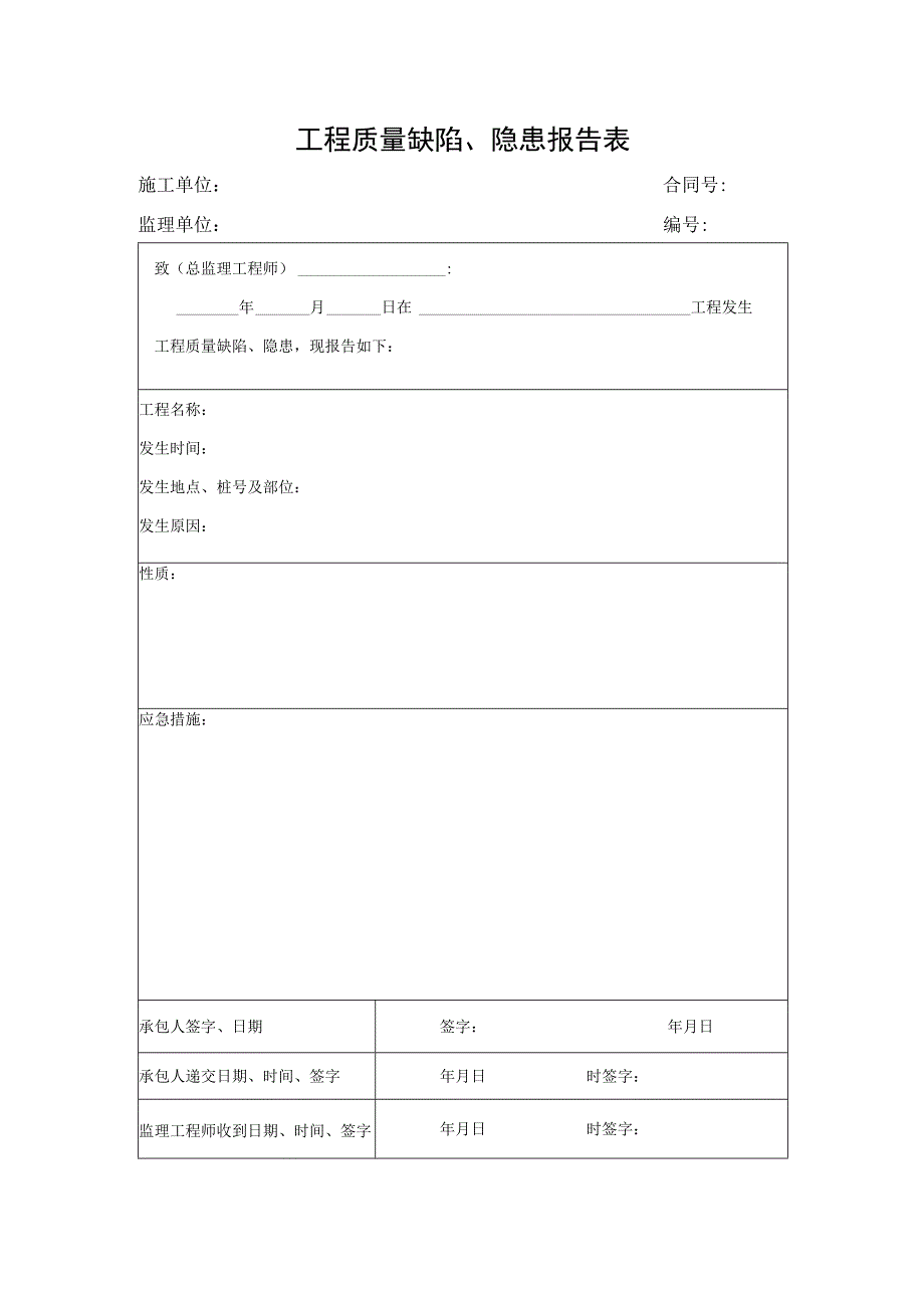 工程质量缺陷、隐患报告表.docx_第1页