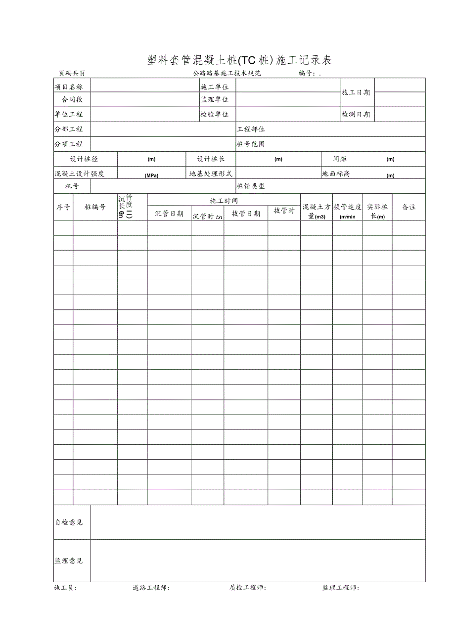 塑料套管混凝土桩(TC桩)施工记录表.docx_第1页