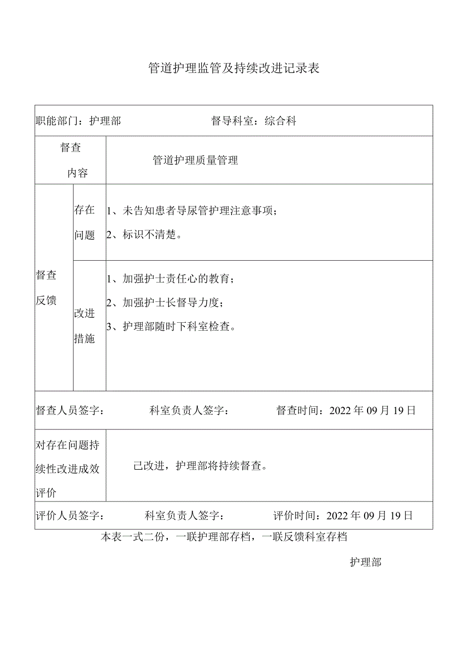 管道护理监管及持续改进记录表.docx_第1页