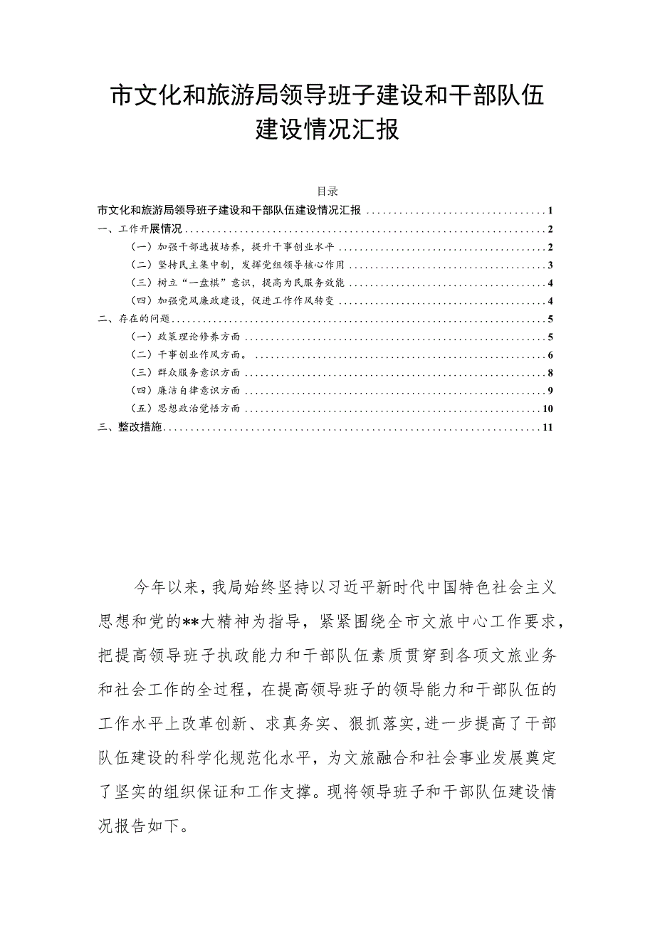 市文化和旅游局领导班子建设和干部队伍建设情况汇报.docx_第1页