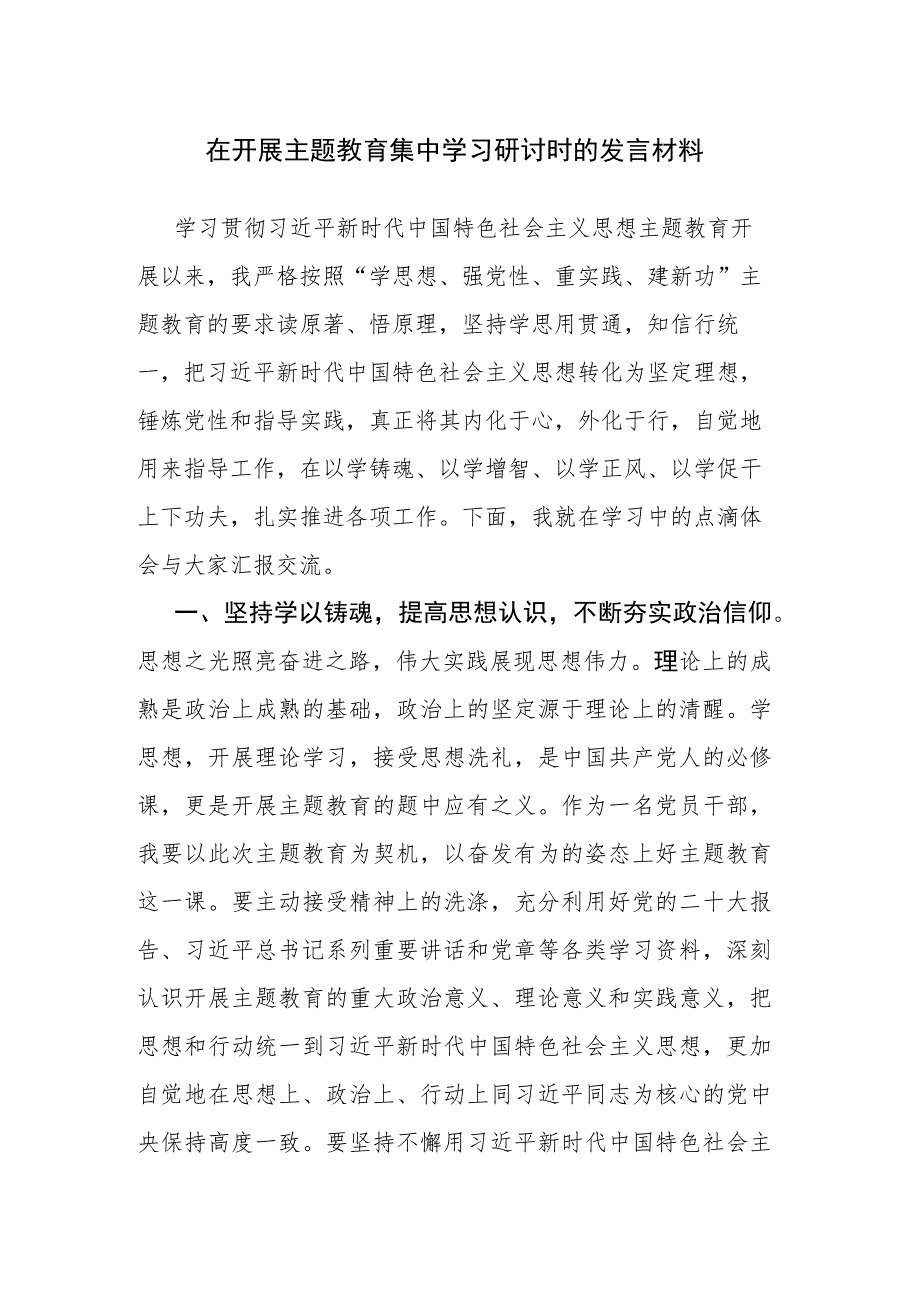 2023年开展主题教育集中学习研讨时的发言材料范文4篇.docx_第1页