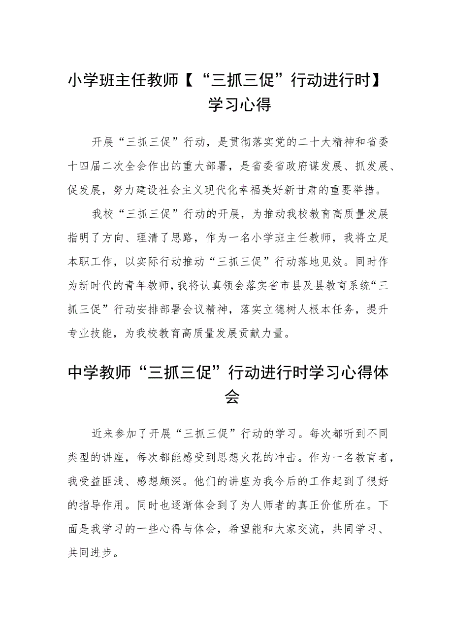 （共三篇）小学班主任教师【“三抓三促”行动进行时】学习心得.docx_第1页