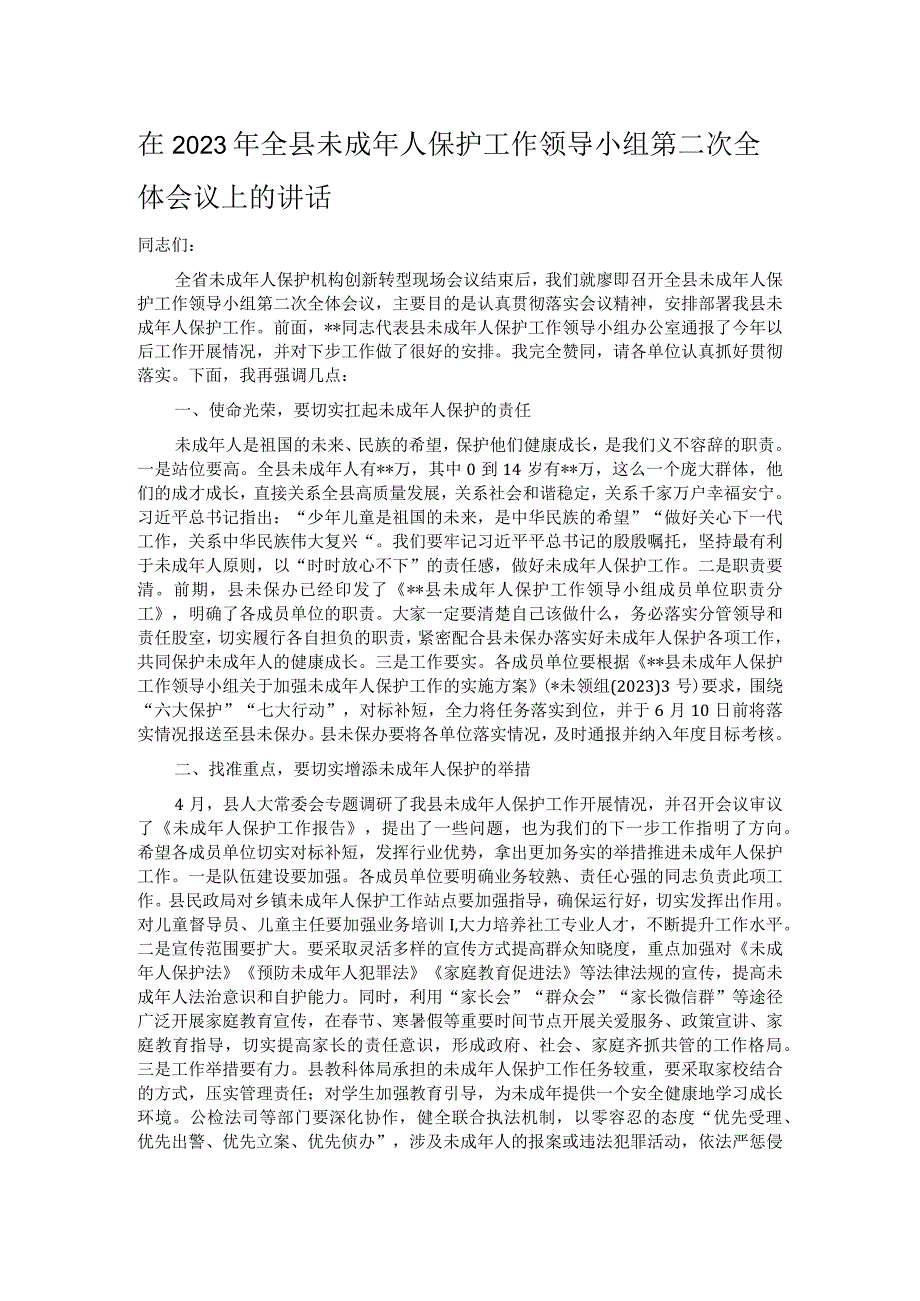 在2023年全县未成年人保护工作领导小组第二次全体会议上的讲话.docx_第1页