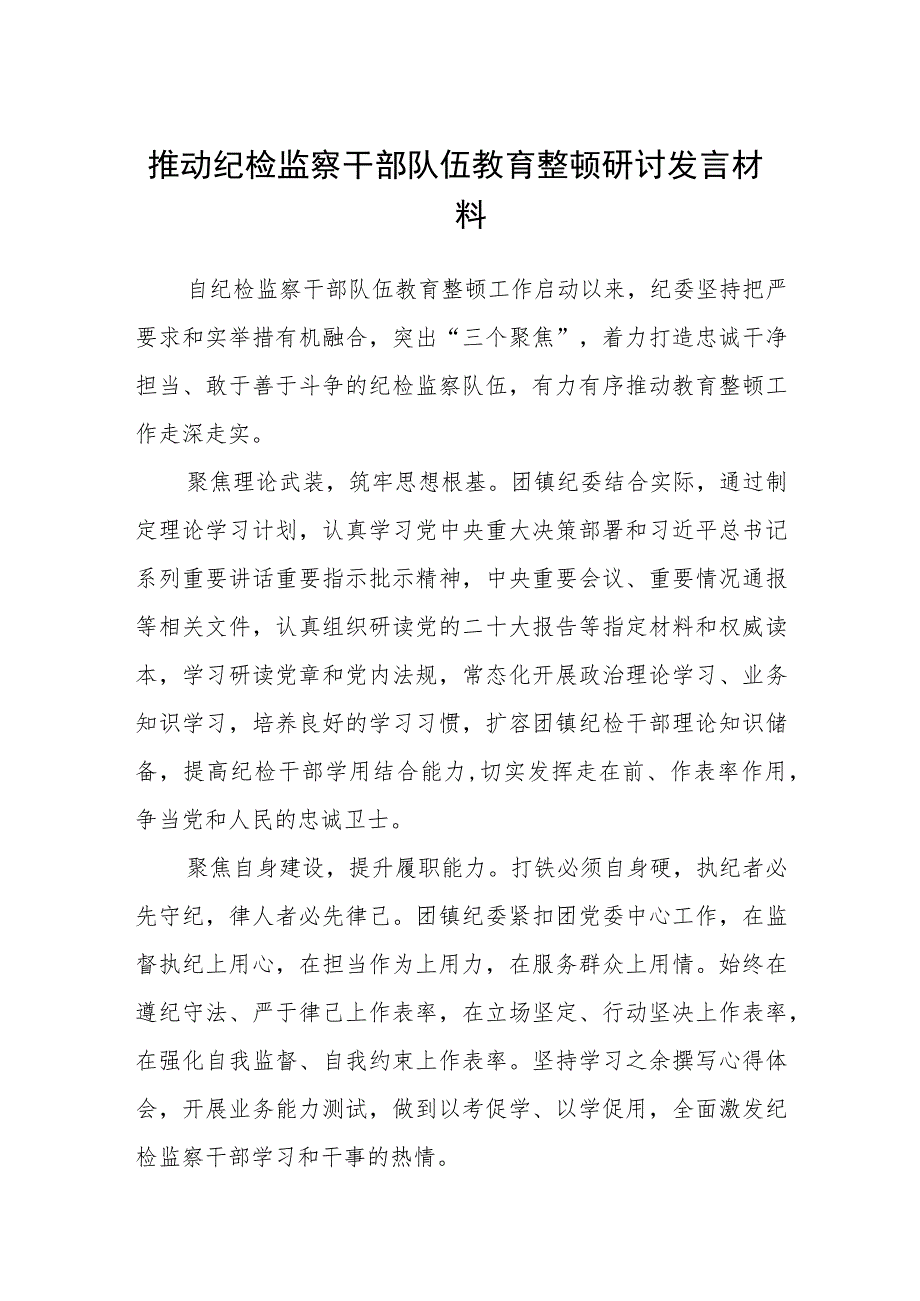 推动纪检监察干部队伍教育整顿研讨发言材料（三篇).docx_第1页