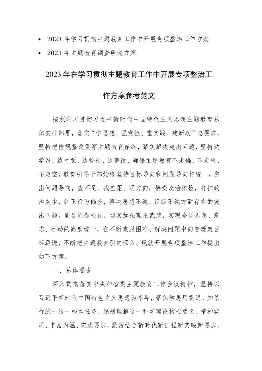 2023年学习贯彻主题教育工作中开展专项整治及调查研究工作方案范文2篇.docx_第1页