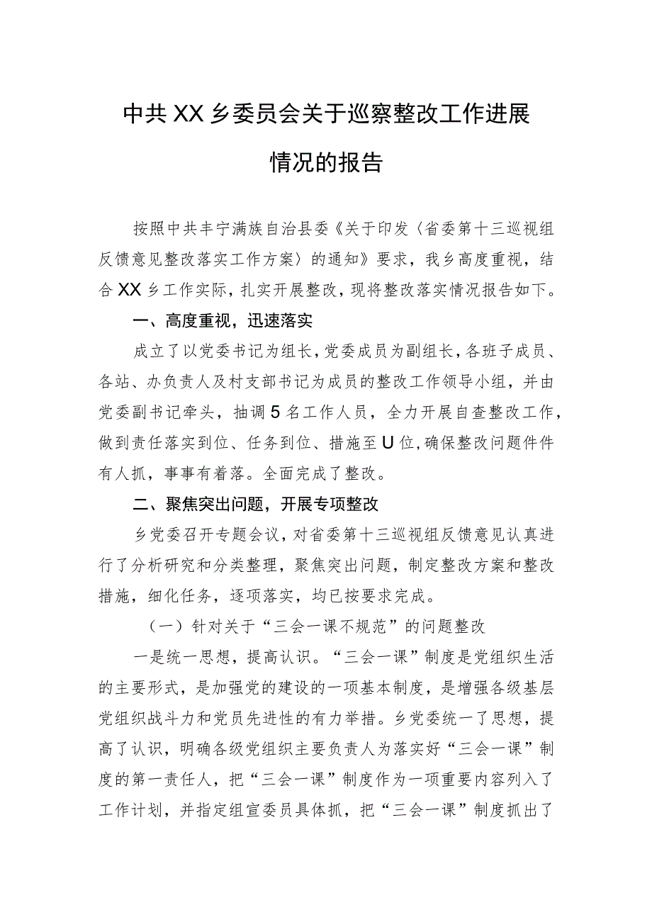 中共XX乡委员会关于巡察整改工作进展情况的报告(20230504).docx_第1页