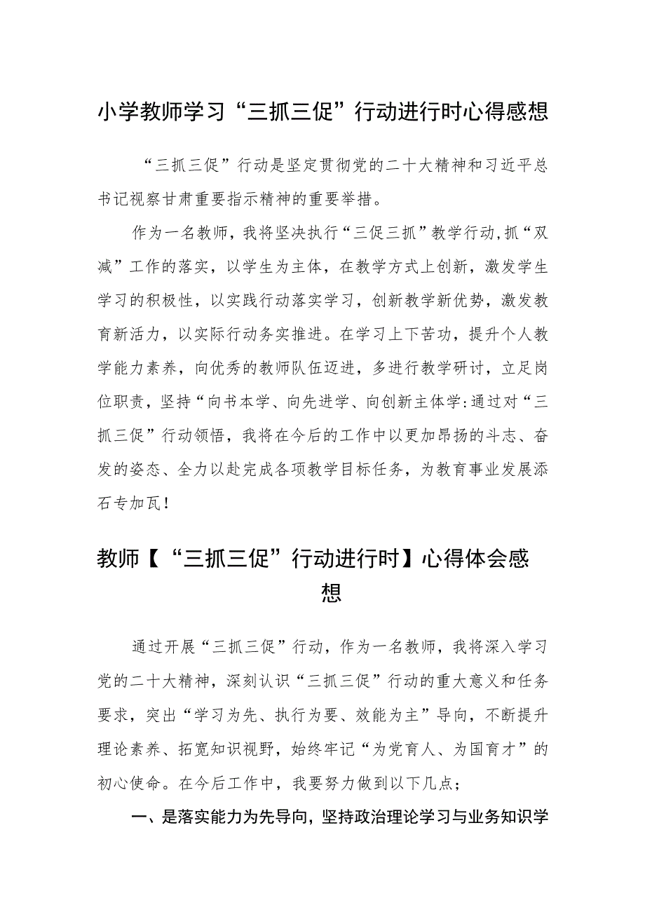 （共三篇）小学教师学习“三抓三促”行动进行时心得感想精选.docx_第1页