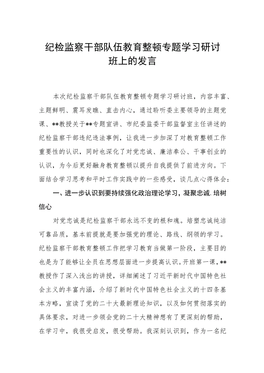 纪检监察干部队伍教育整顿专题学习研讨班上的发言汇编精选三篇.docx_第1页