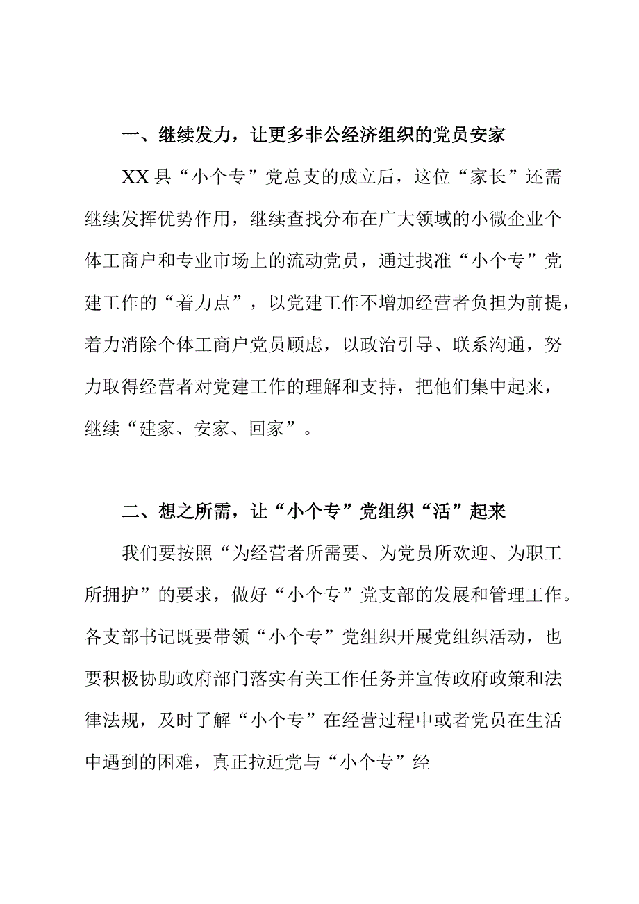 上级党组织在XX县“小个专”党总支成立暨选举党员大会上的讲话稿怎么写.docx_第2页