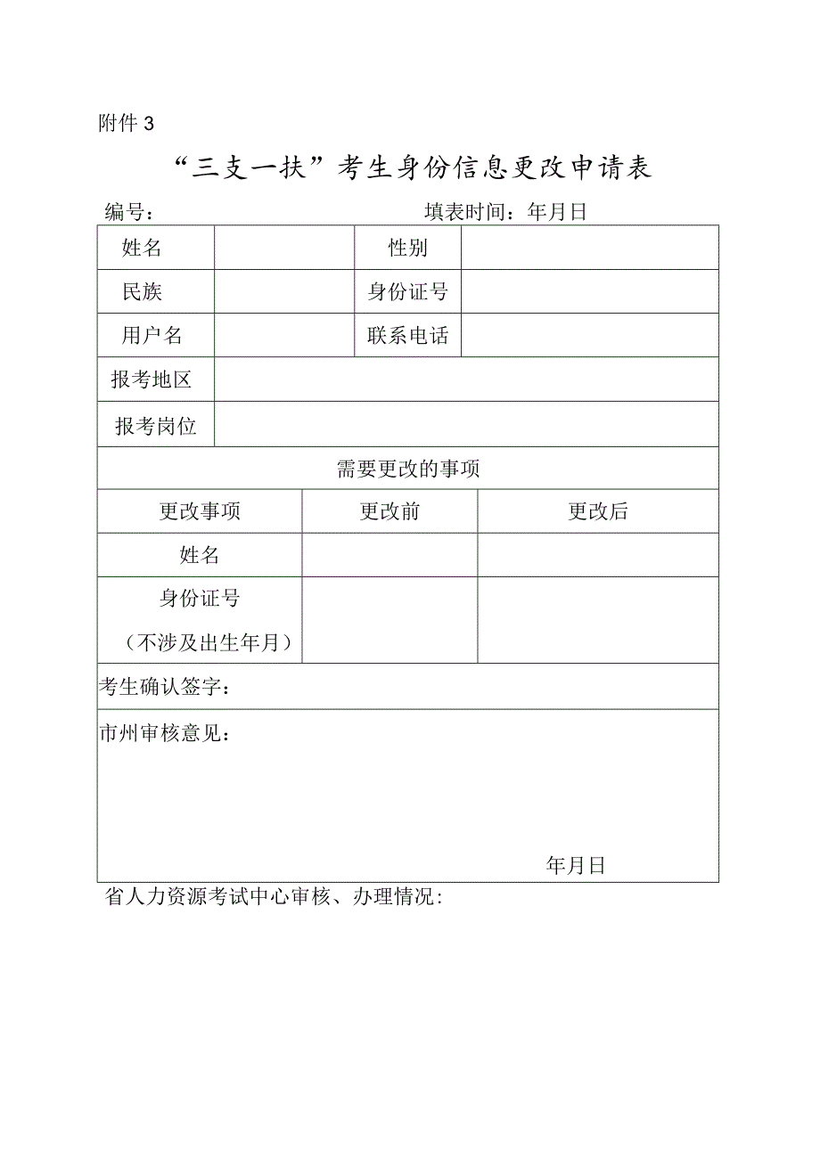 “三支一扶”考生身份信息更改申请表.docx_第1页