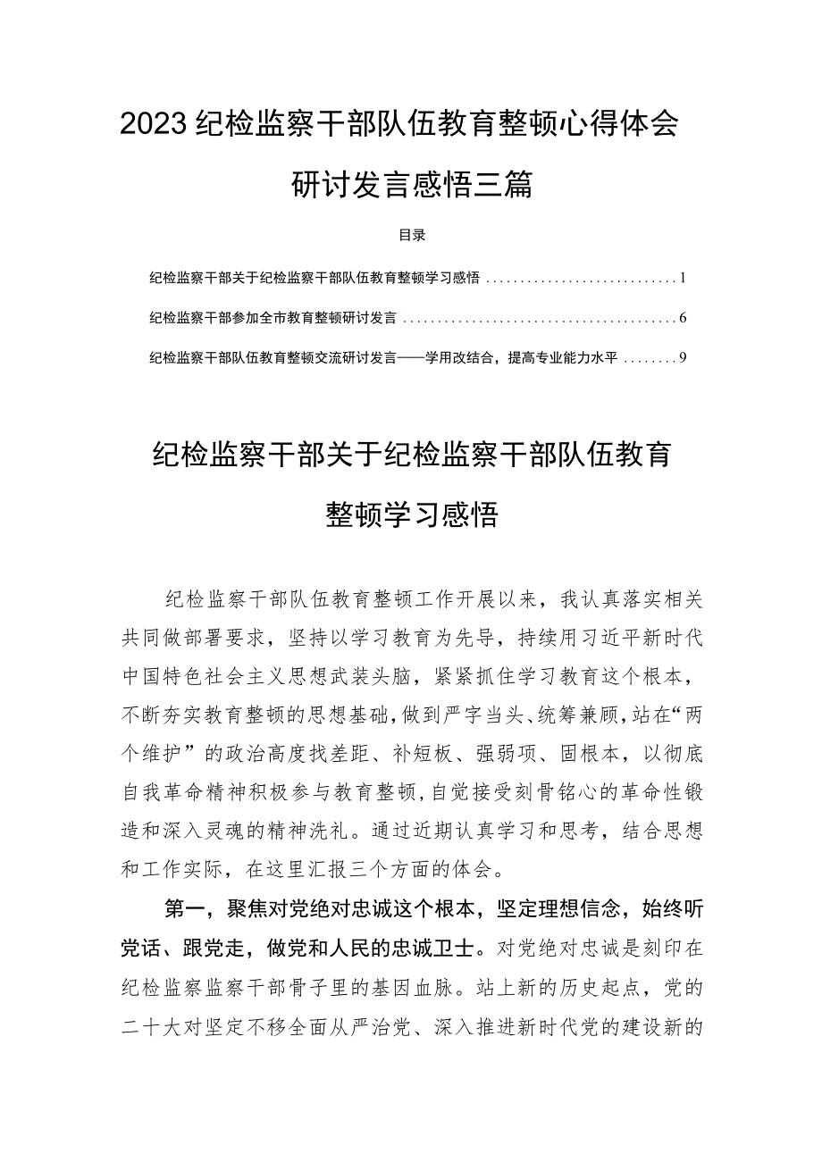 2023纪检监察干部队伍教育整顿心得体会研讨发言感悟三篇.docx_第1页