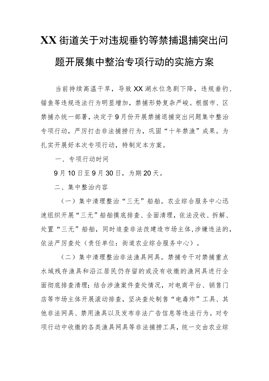 XX街道关于对违规垂钓等禁捕退捕突出问题开展集中整治专项行动的实施方案.docx_第1页