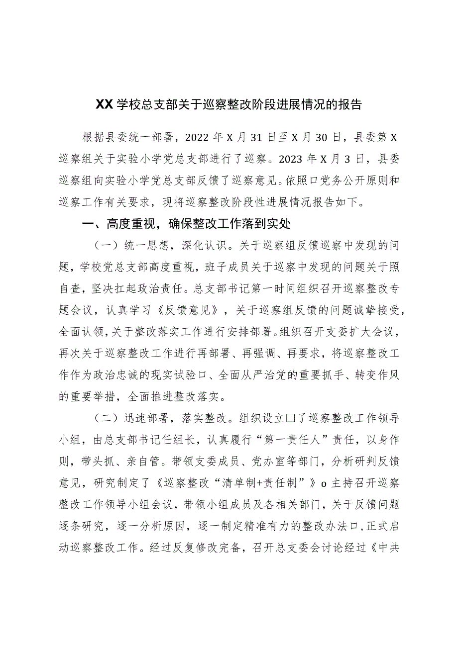 学校总支部关于巡察整改阶段进展情况的报告.docx_第1页