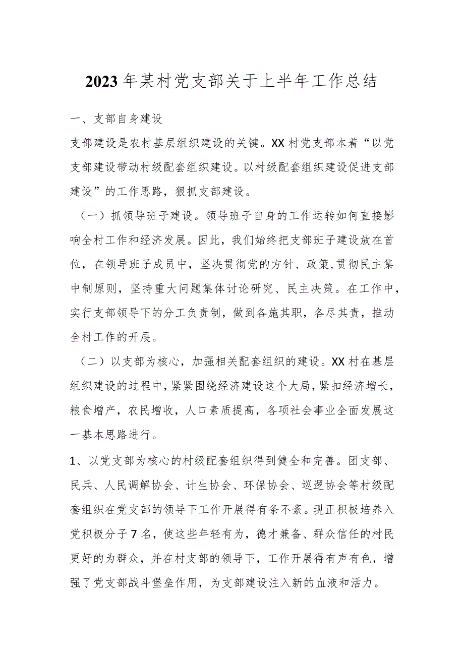 2023年某村党支部关于上半年工作总结.docx_第1页