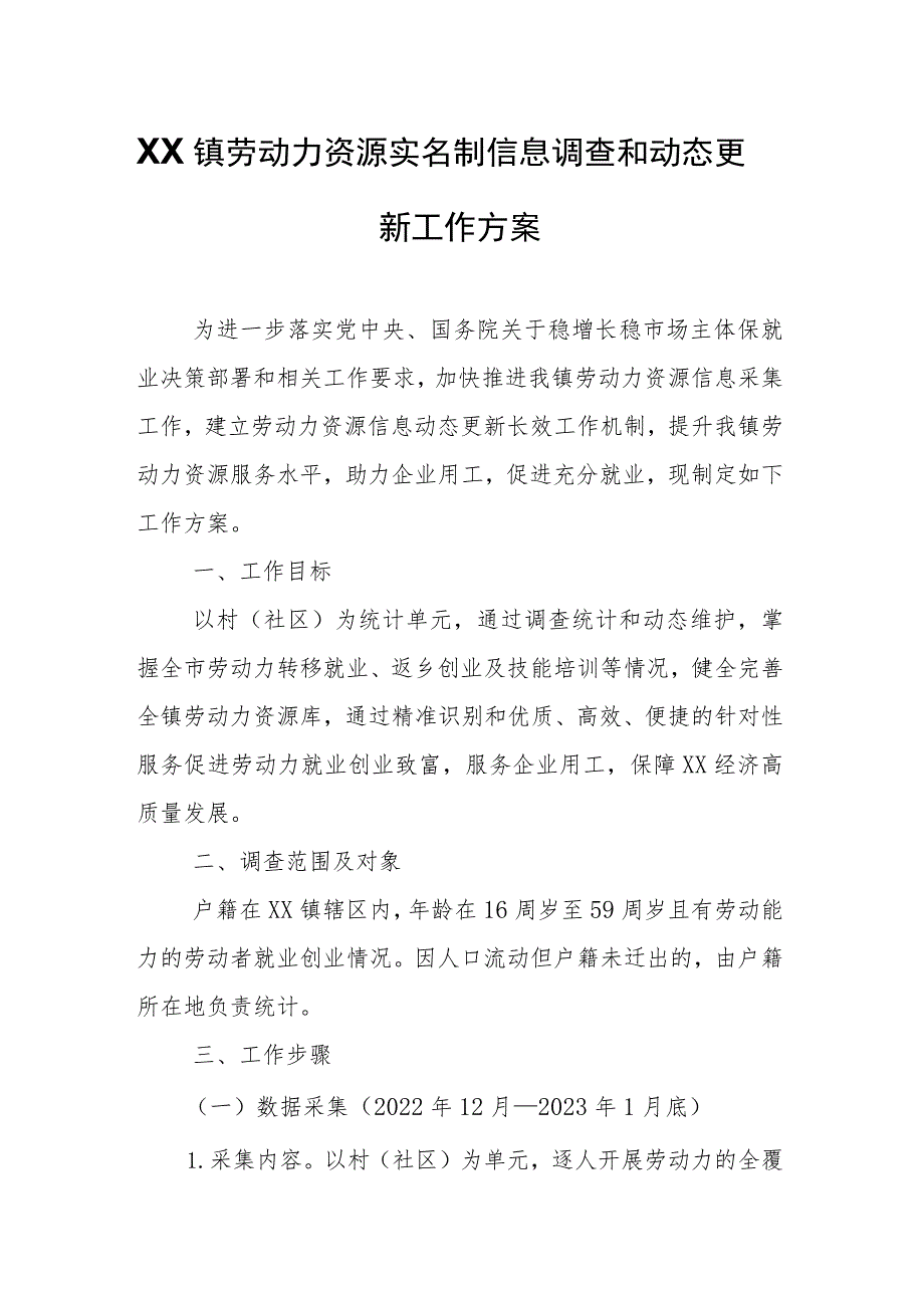 XX镇劳动力资源实名制信息调查和动态更新工作方案.docx_第1页