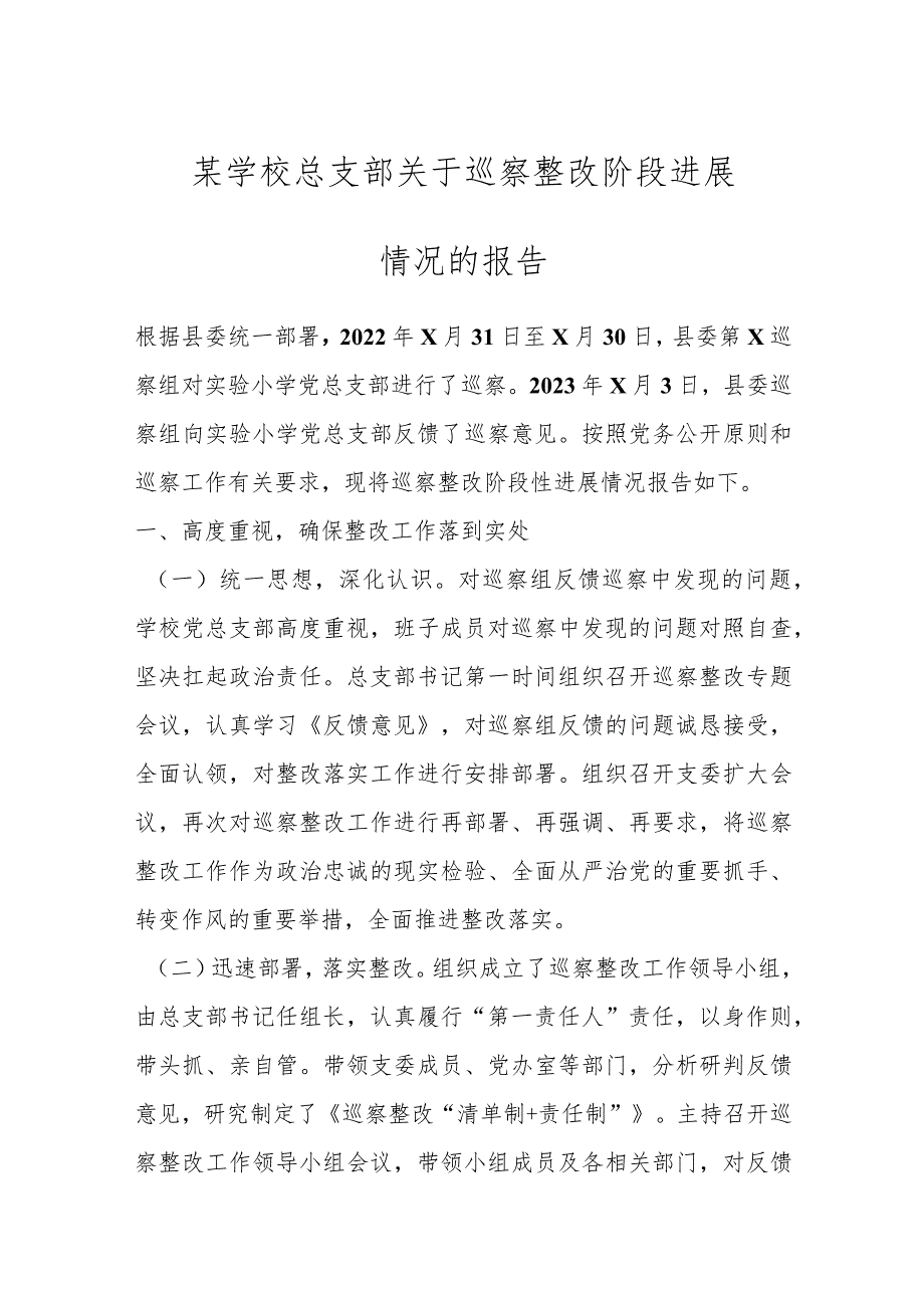 某学校总支部关于巡察整改阶段进展情况的报告.docx_第1页